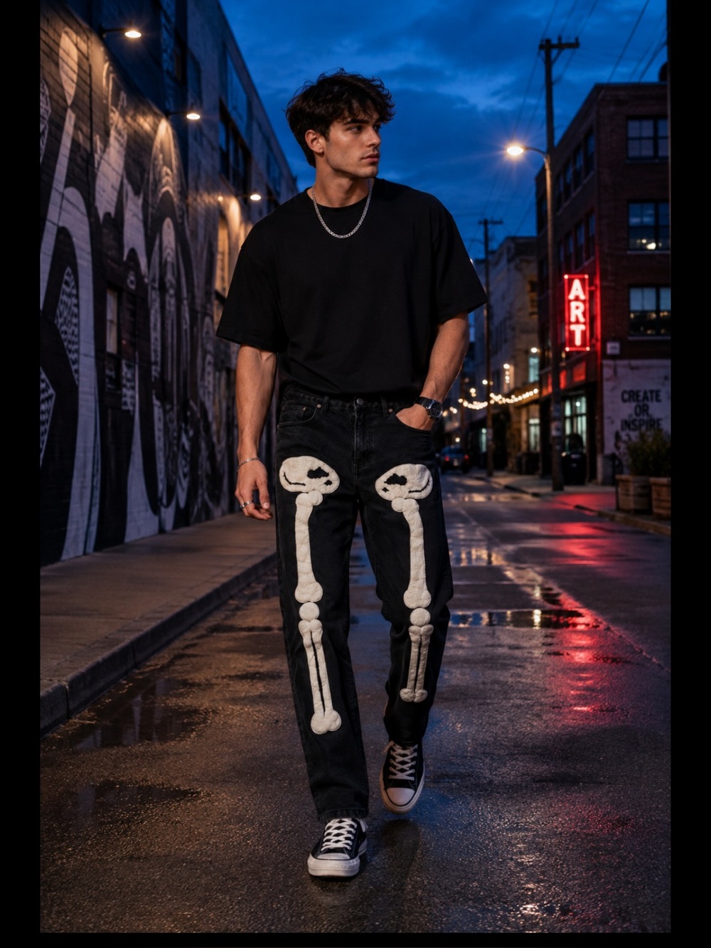 Statement Black Skeleton Appliqué Jeans Size 30 Unisex Streetwear Goth Y2K